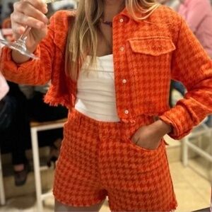Zara Trendy Orange Tweed Cropped Fringe Snap Closure Lined Jacket Women's Small